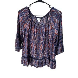 Studio JPR Womens Boho Ikat Print Bell Sleeve Peplum Blouse Navy Orange Small